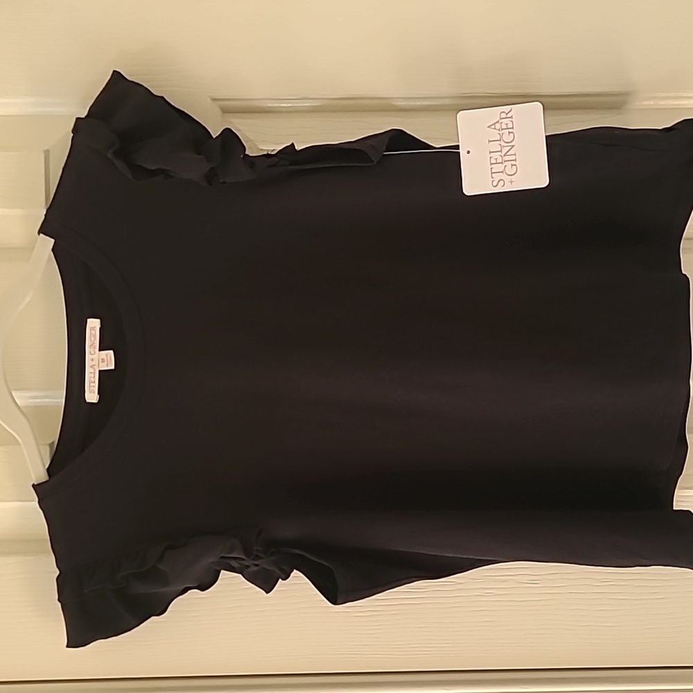 STELLA + GINGER BRAND WOMENS BLACK RUFFLED SHORT SLEEVES TEE-SHIRT SIZE MEDIUM